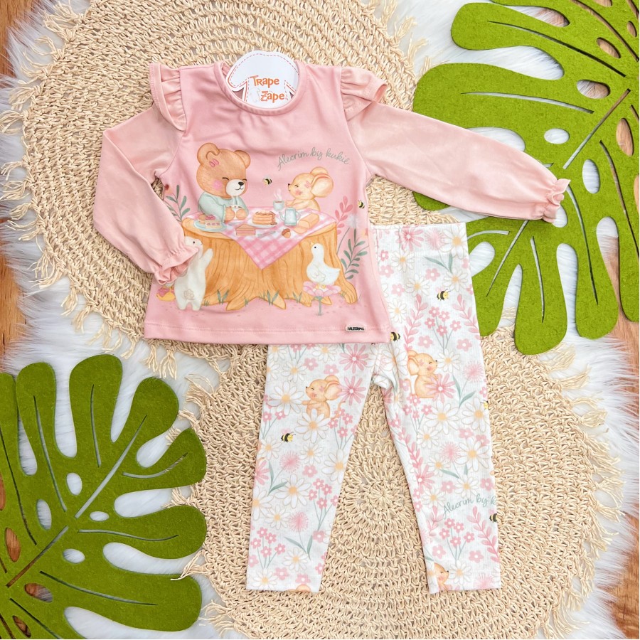 Conj. Blusa Manga Longa Cafézinho da Tarde Ursinha com Ratinha e Calça Legging - Rose